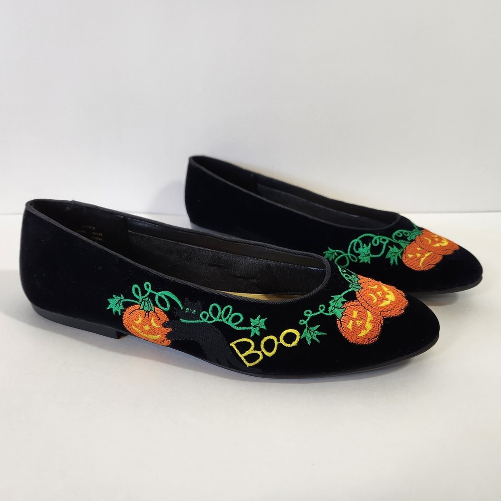 Vintage 90s Halloween Black Cat Pumpkin Velvet Flats 9M Grandmacore Embroidered